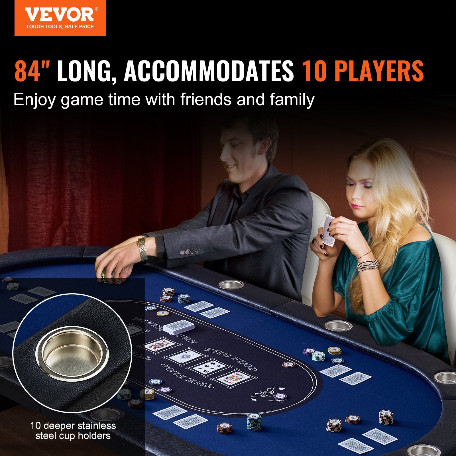 Vevor 10 Player, Foldable 84" Oval Poker Table w/ Stainless Steel Cup Holders and Padded Rails