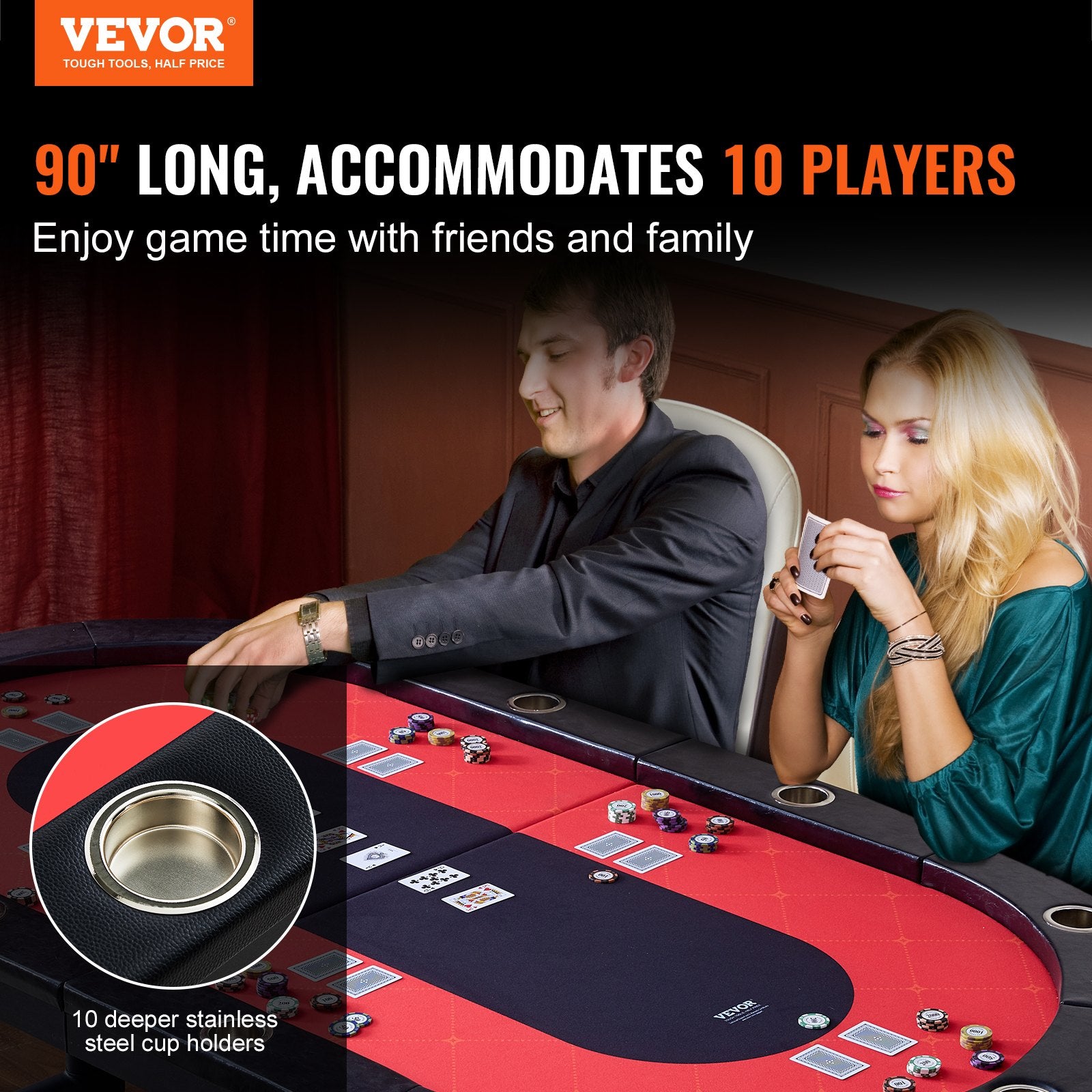 Vevor 10 Player Foldable 90" Oval Poker Table w/ Stainless Steel Cup Holders and Padded Rails