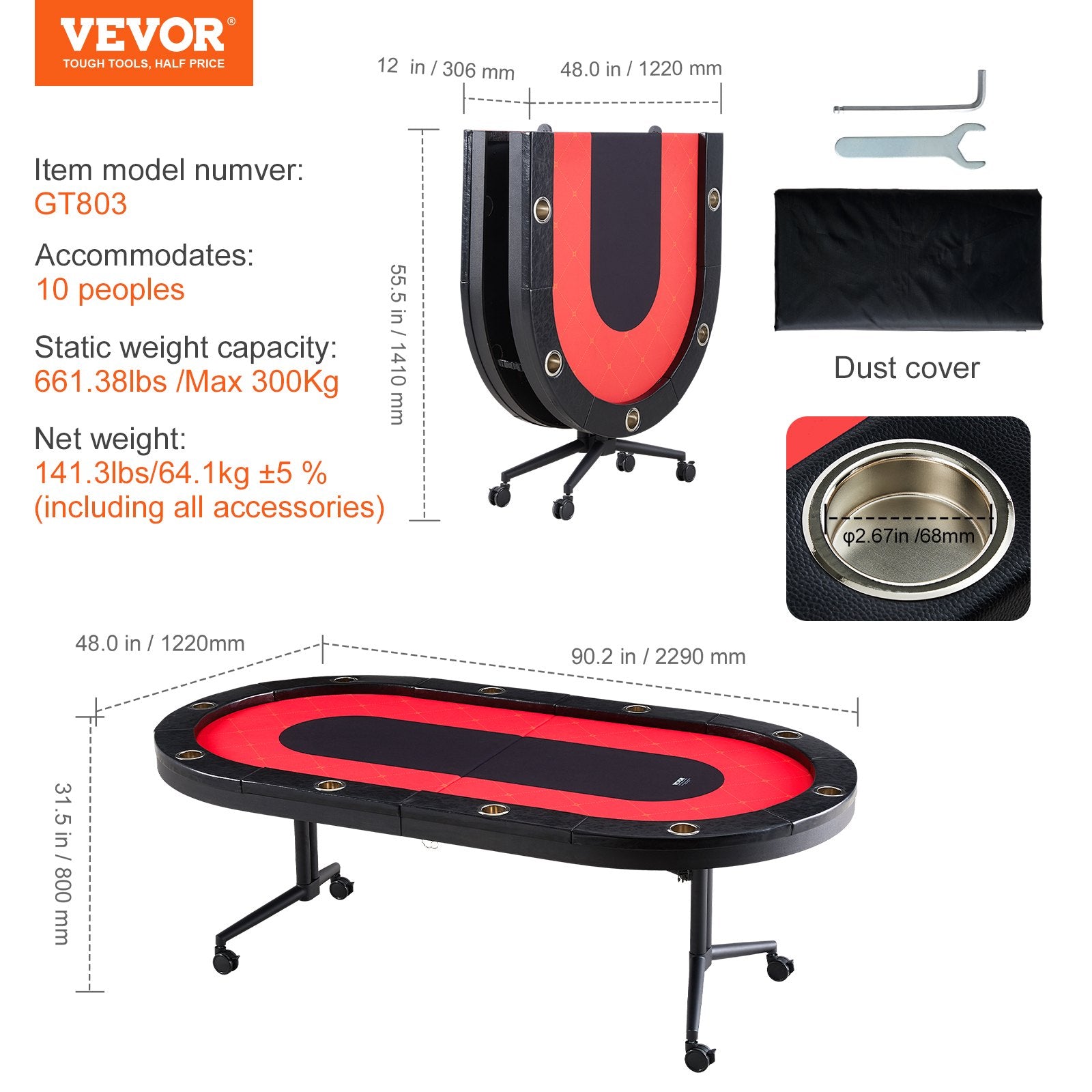 Vevor 10 Player Foldable 90" Oval Poker Table w/ Stainless Steel Cup Holders and Padded Rails