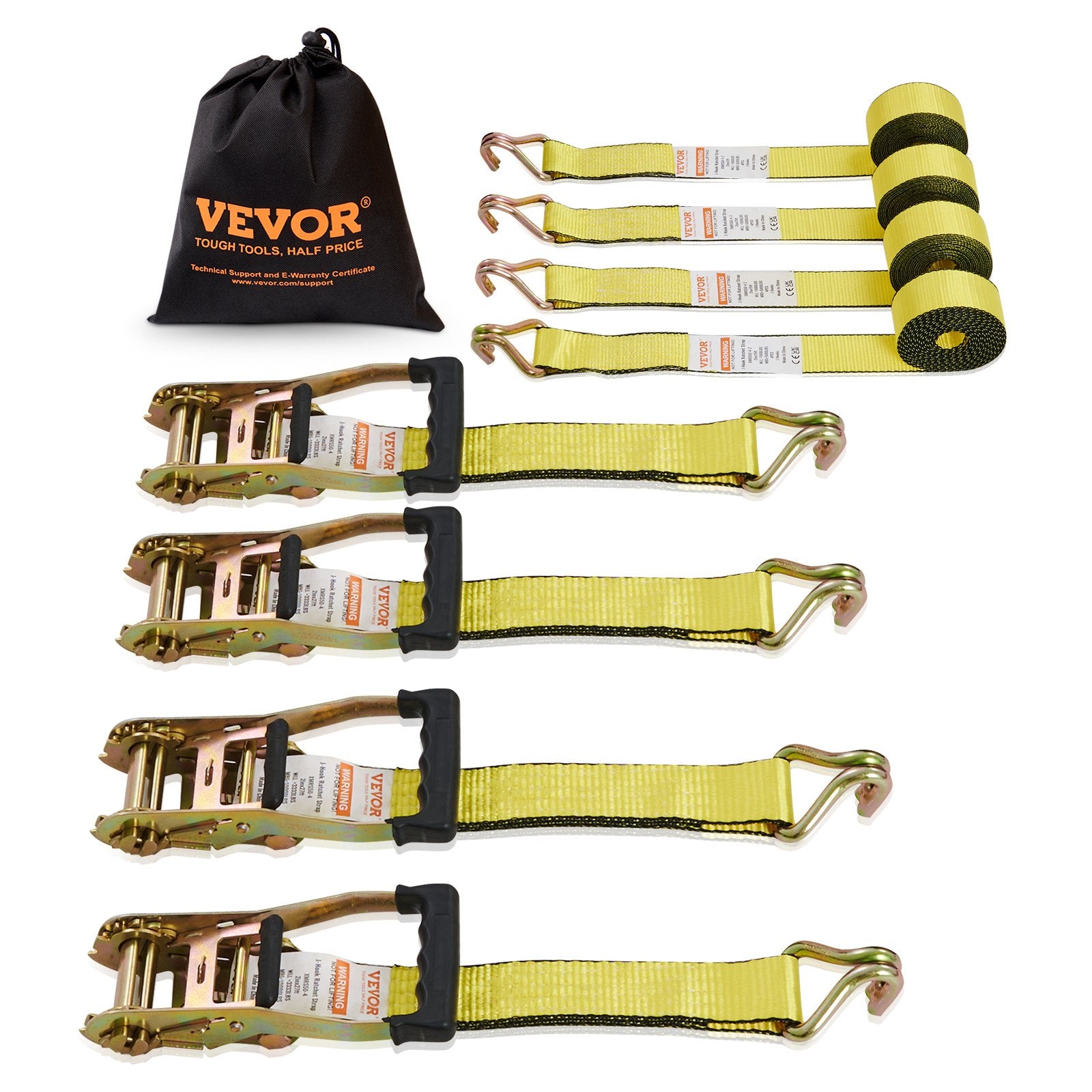 VEVOR Ratchet Tie Down Straps (4PK), 5000 lb Break Strength, Double J Hook Includes 4 Premium 2" x 15' Rachet Tie Downs with Padded Handles