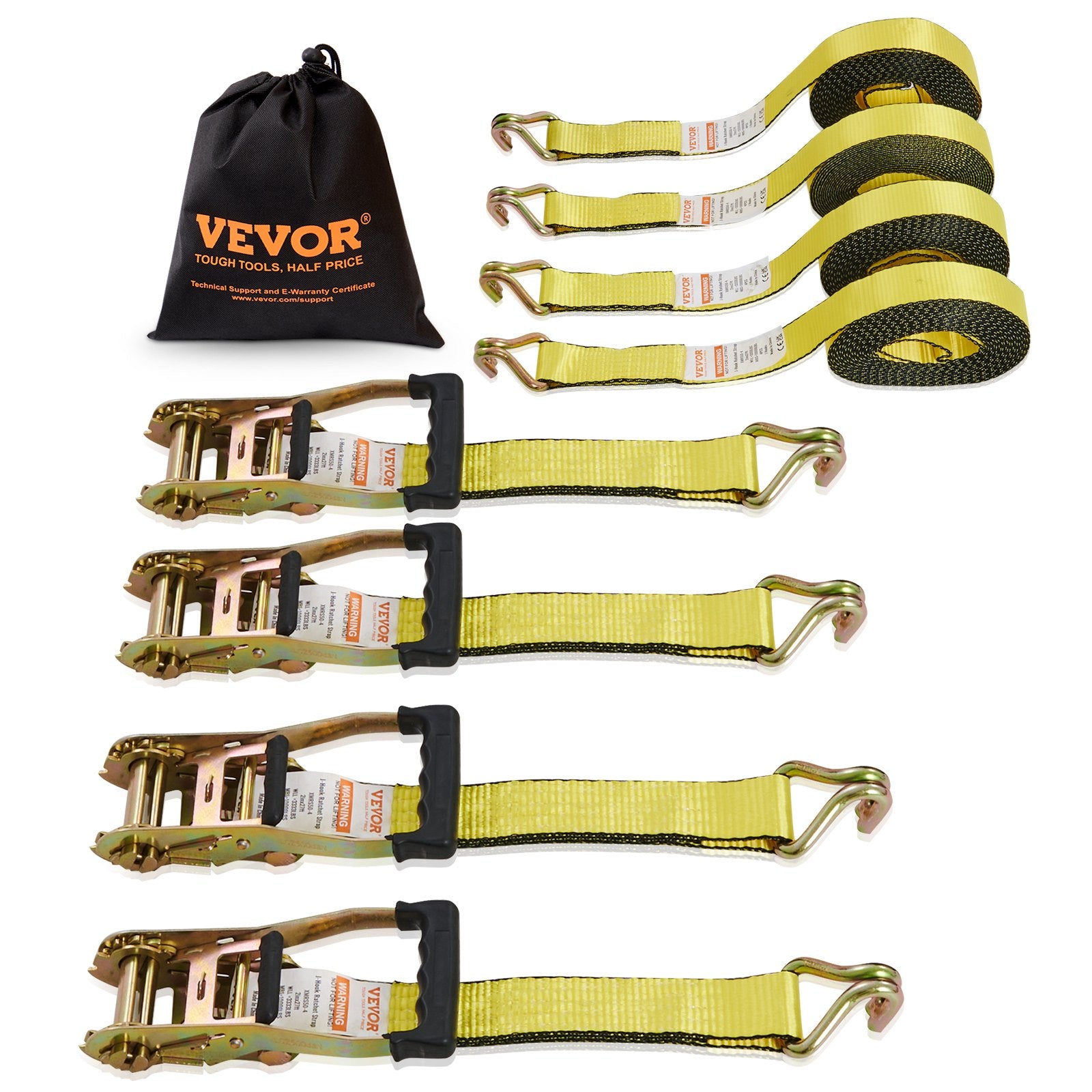 VEVOR Ratchet Tie Down Straps (4PK), 10000 lb Break Strength, Double J Hook Includes 4 Premium 2" x 27' Rachet Tie Downs with Padded Handles