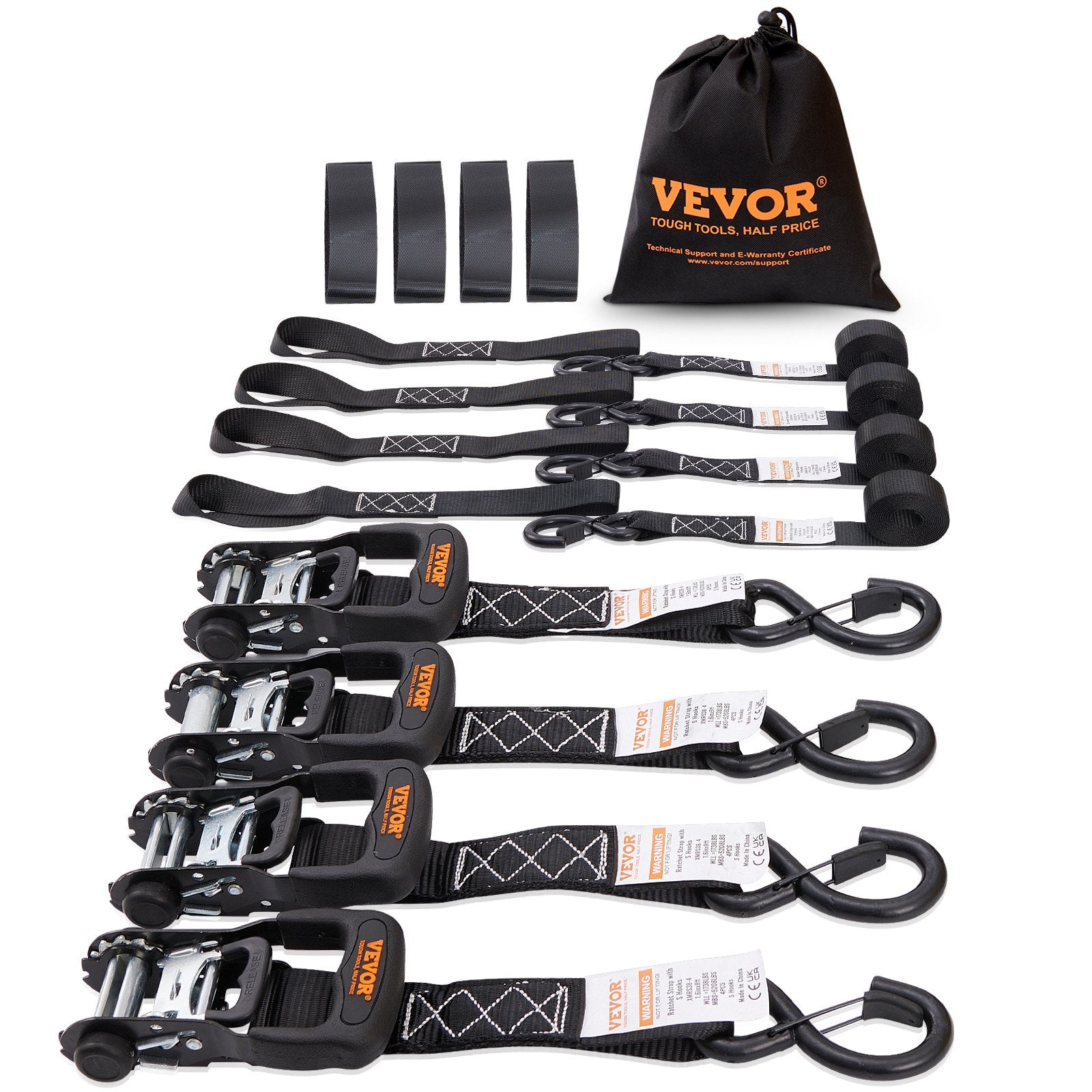 VEVOR Ratchet Tie Down Straps (4PK), 5208 lb Max Break Strength, Includes 4 Premium 1.6" x 8' Rachet Tie Downs with Padded Handles