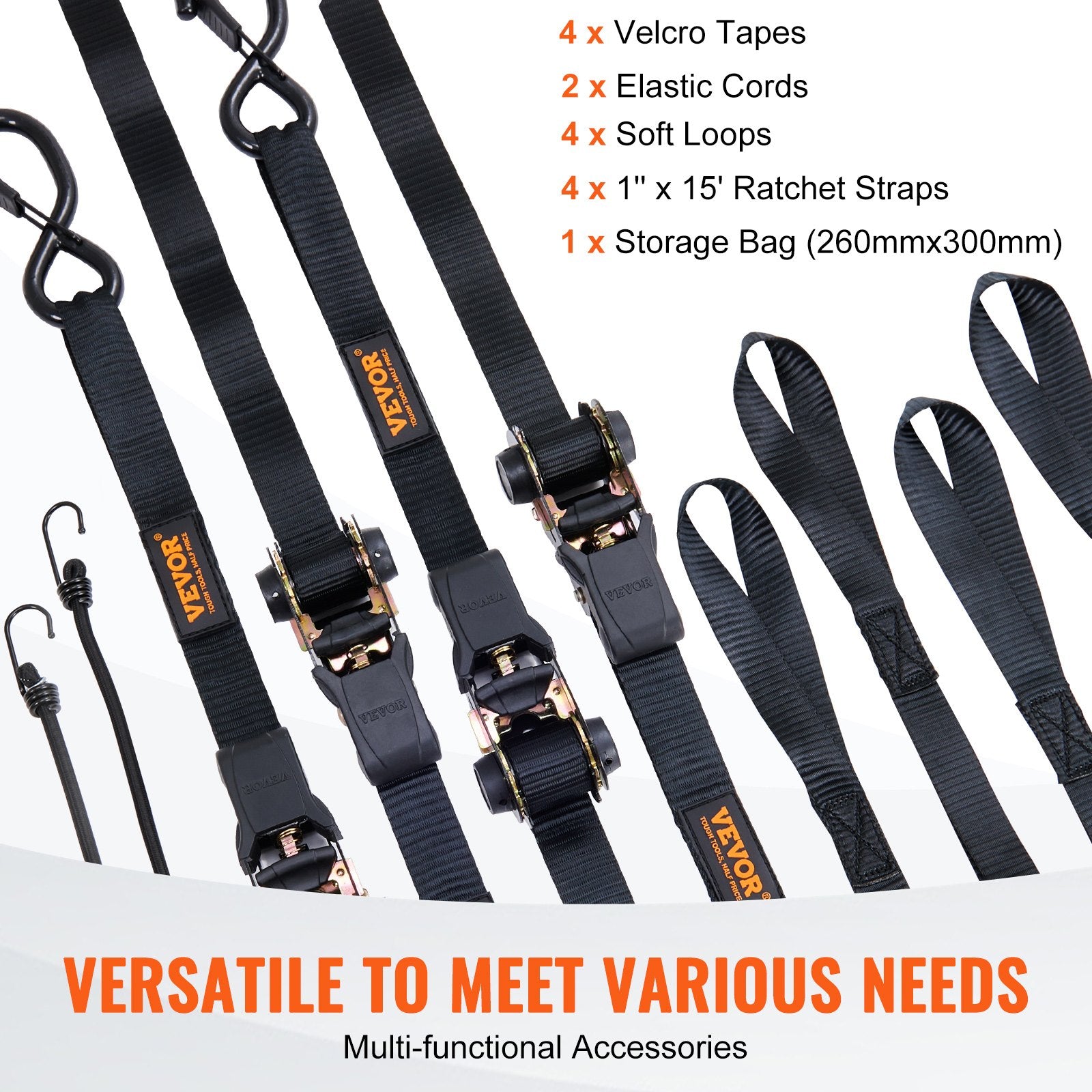 VEVOR Ratchet Tie Down Straps (4PK), 2200 lb Max Break Strength, Includes 4 Premium 1" x 15' Rachet Tie Downs with Padded Handles